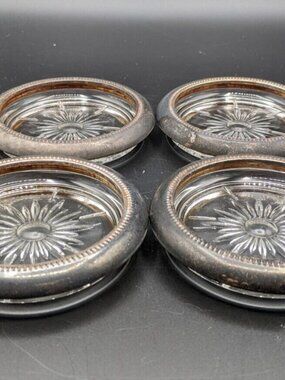 Crystal Glass Coasters Silver Plated Vintage Starburst Set Of 4 with Tarnish 4"